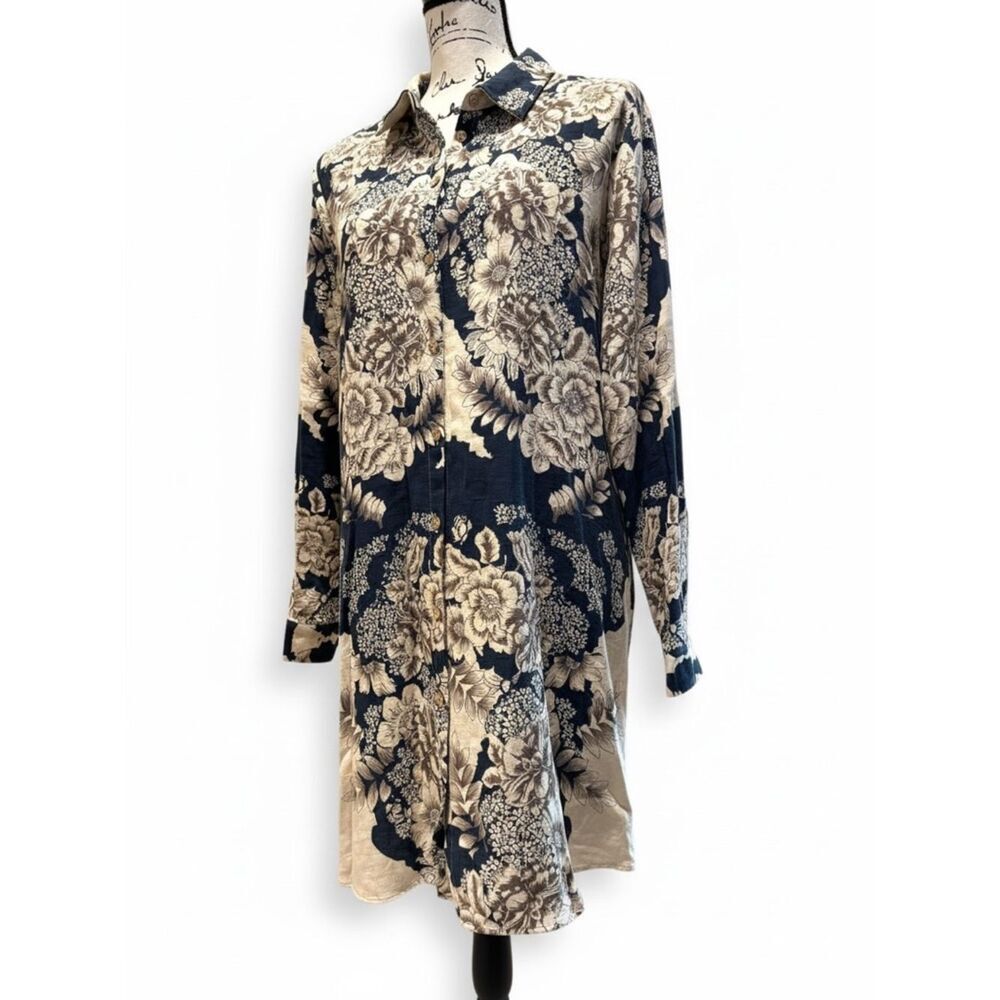 Soft Surroundings Floral Tunic Top XL Blue Cream Button Front Boho Blouse - Picture 2 of 12